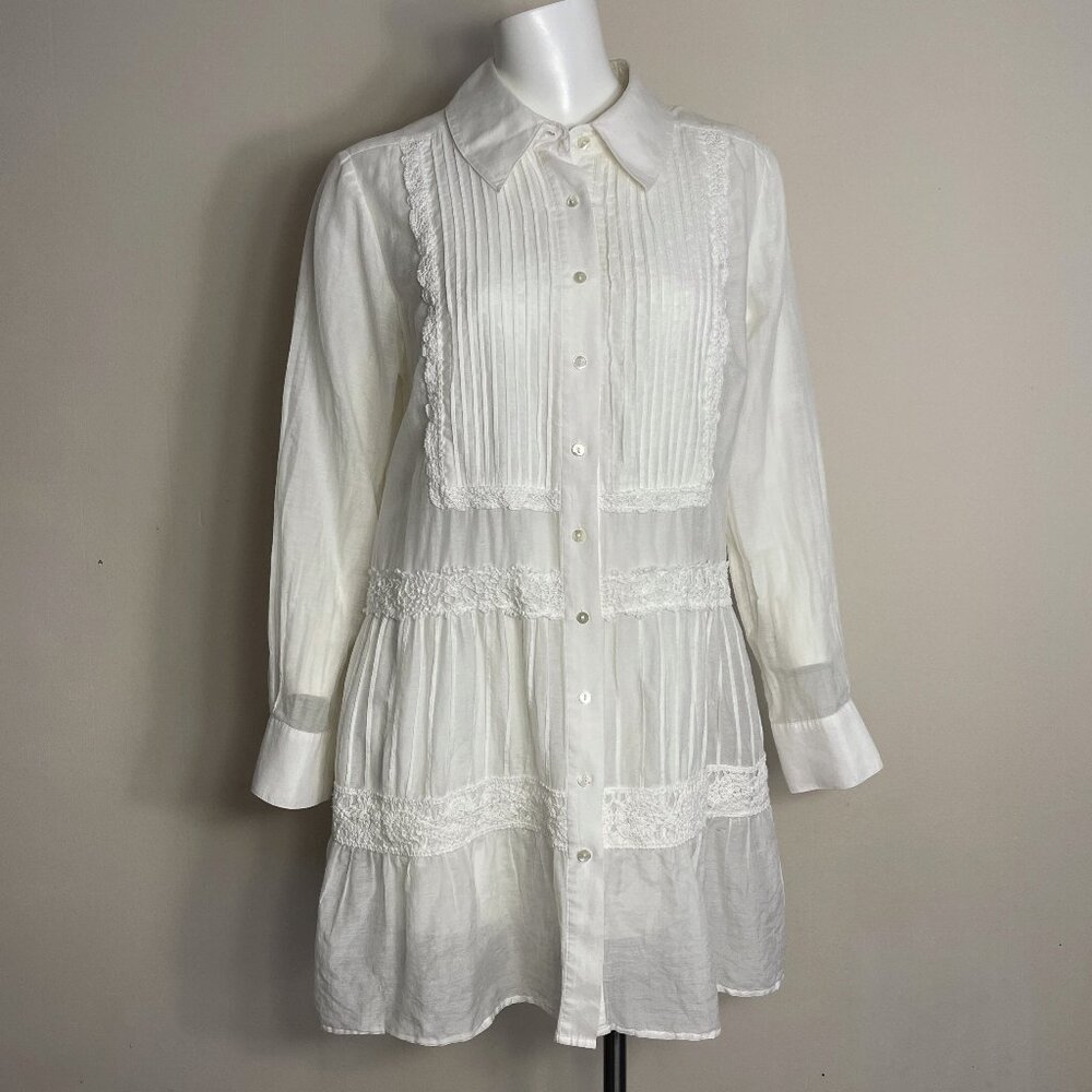 Soft Surroundings Top Blouse Med Cotton Silk Sheer Crochet Lace Pintuck Cottage